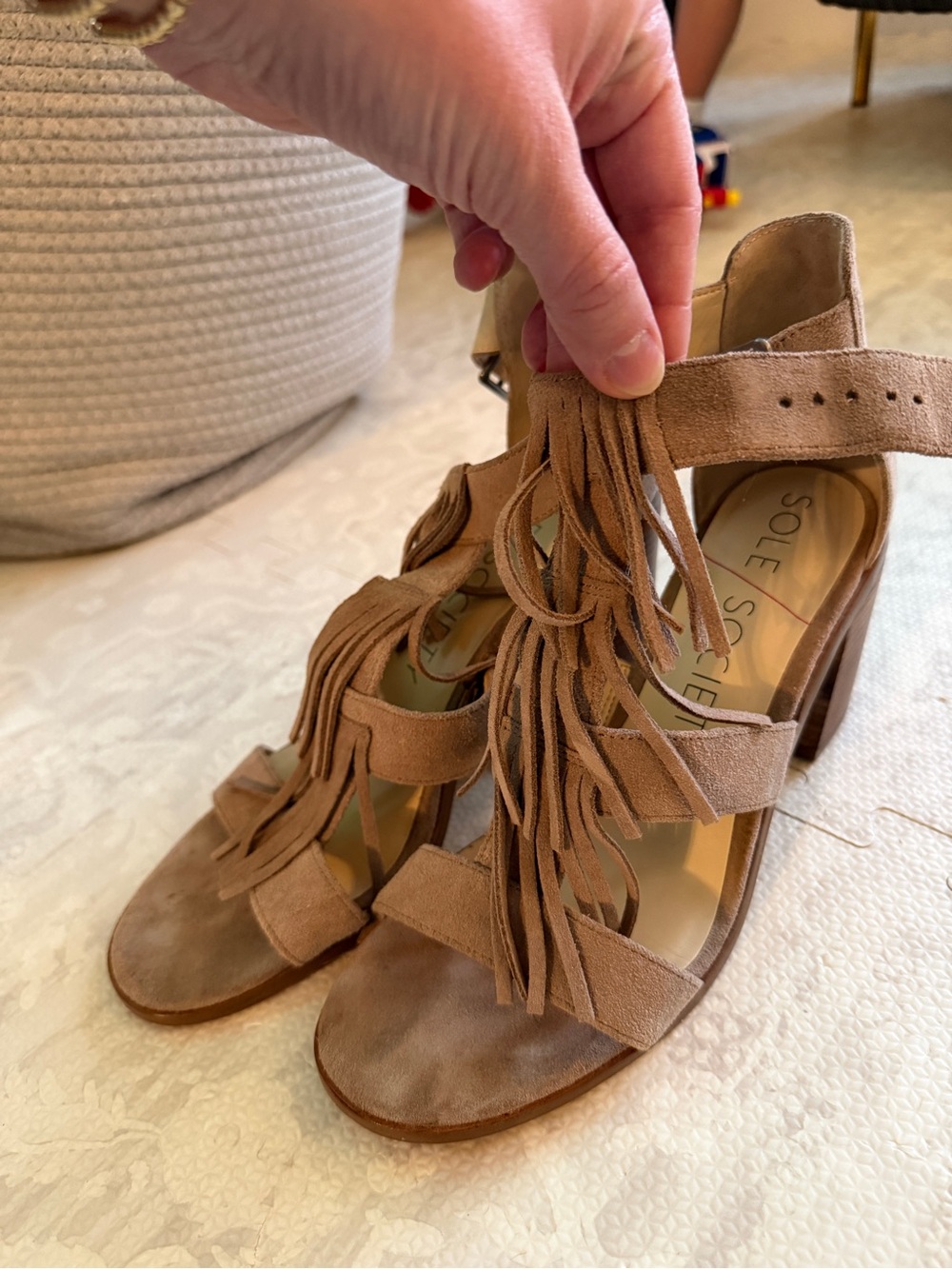 Sole Society Beige Suede Fringe Block Heel Sandals